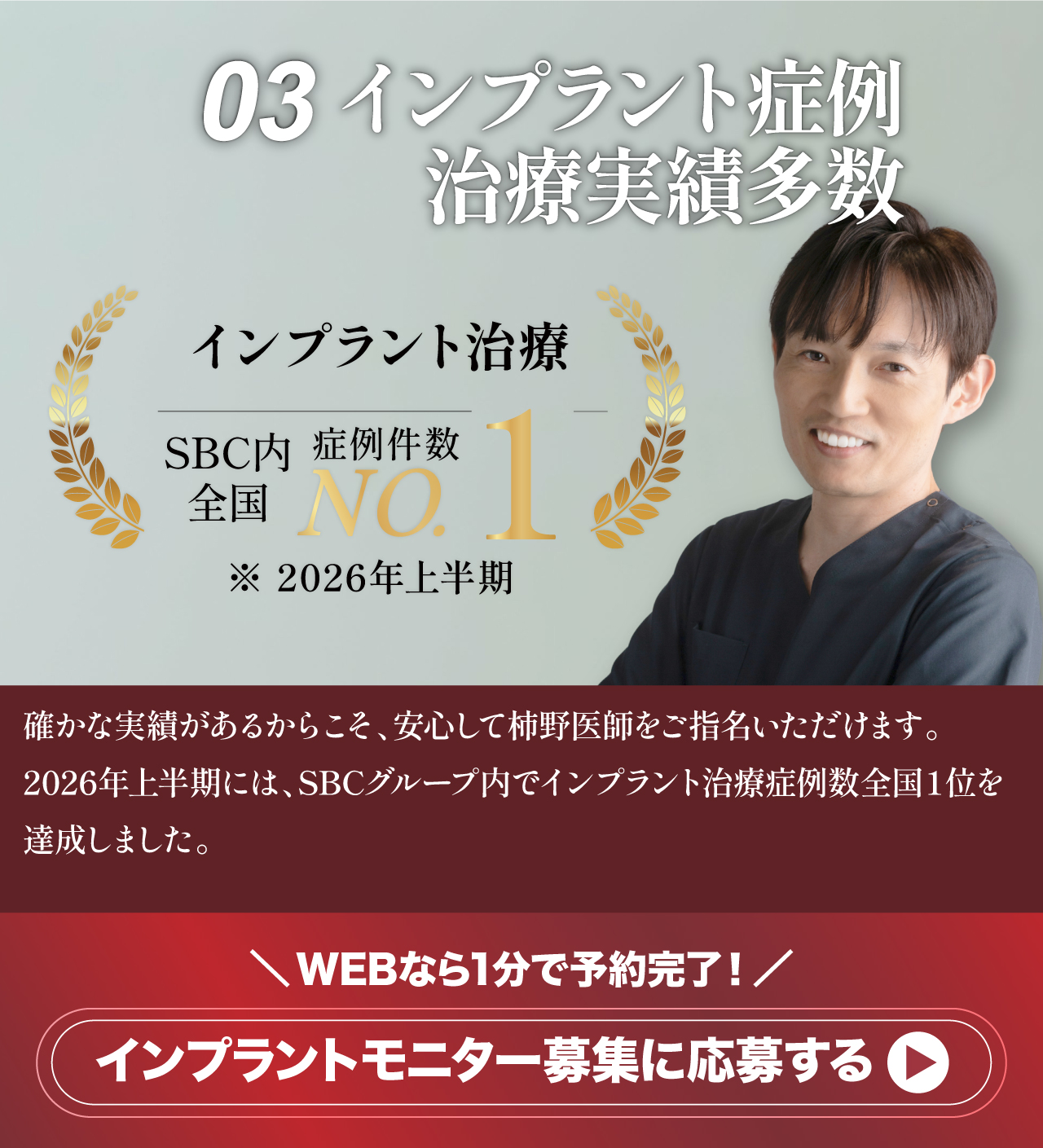 03 インプラント症例数 SBC内全国2位※2024年下半期 インプラントモニター募集に応募する