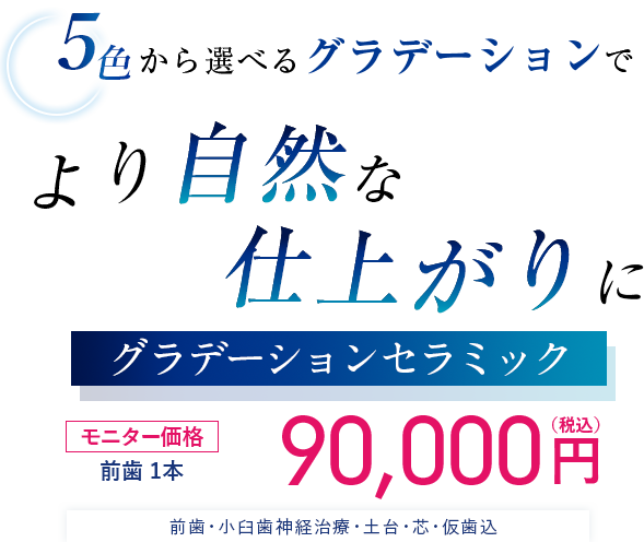 五色から選べるグラデーションでより自然な仕上がりに グラデーションセラミック モニター価格前歯一本81,000円(税込)